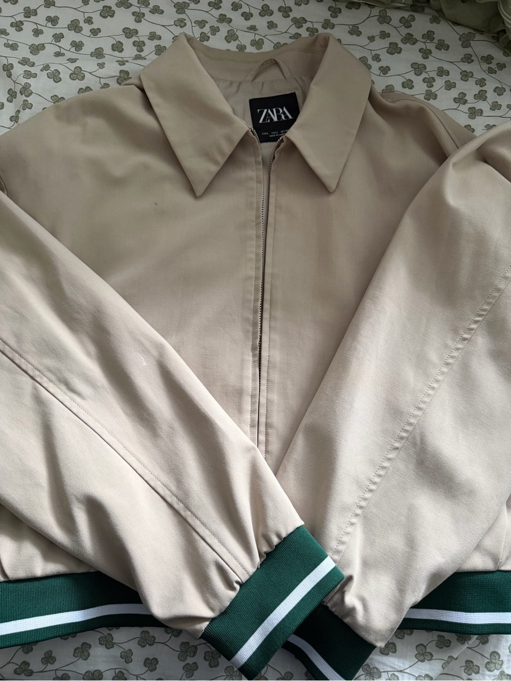 ZARA Beige Bomber Jacket with Green Stripe Cuffs